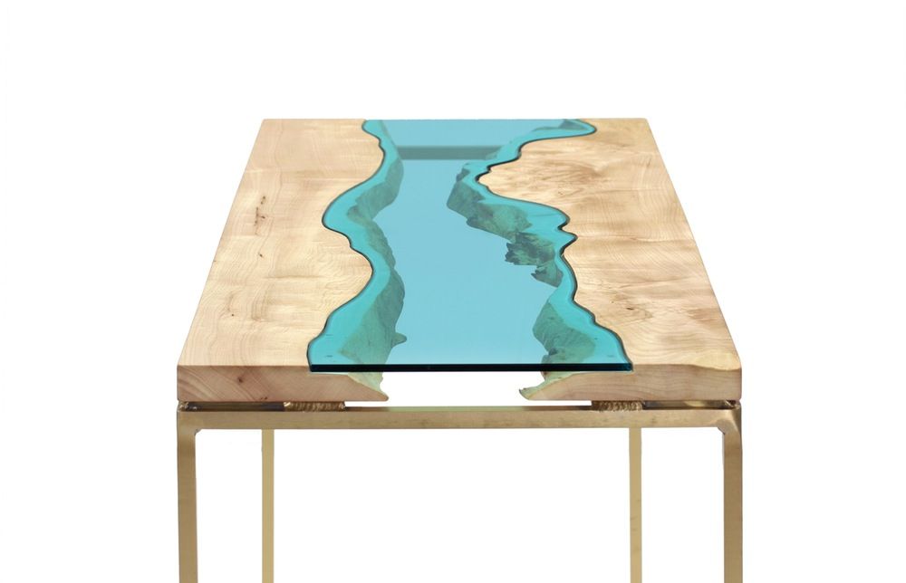 Maple wood table, table top, blue glass-wood table