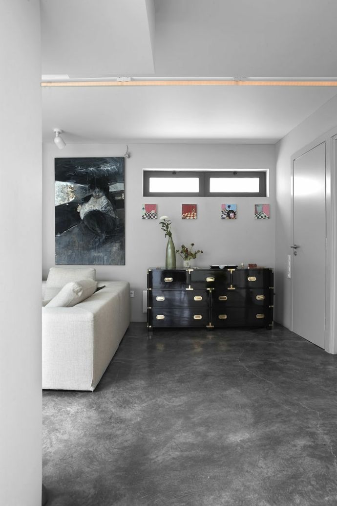 Concrete floor chest of drawers contemporary transformation of the garage