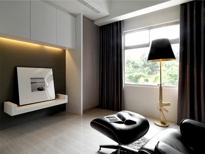 Bild Modern Schlicht Weiß Stehlampe Stehleuchte Vorhänge Fußhocker Ledersessel-Luxus Designer Möbel