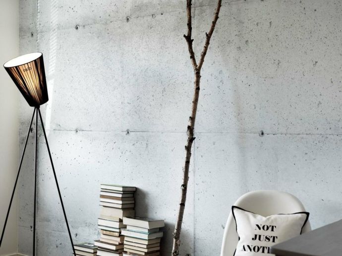 Books Deco Cushions Branch Floor Lamp Lampshade White wallpaper in concrete look industrial style