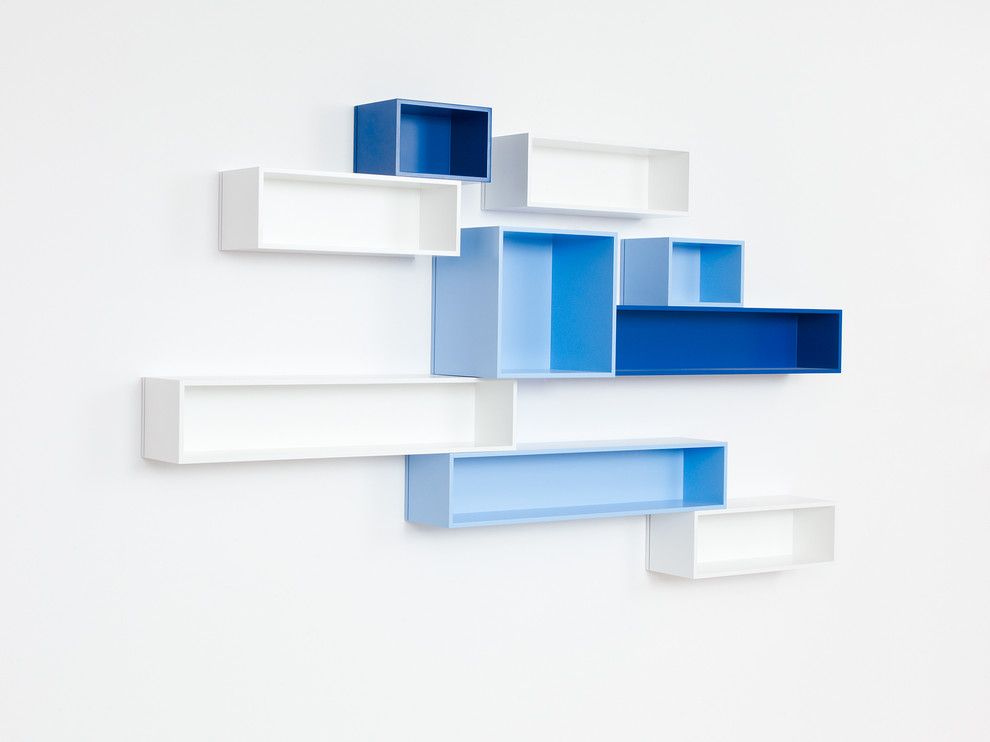 Bücherwand Hochglanz Weiß Blau lackiert modern zeitgenössisch-Bücherregal Design