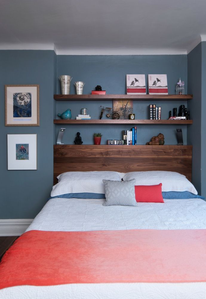 Double bed wall shelves wood blue red white bedroom design