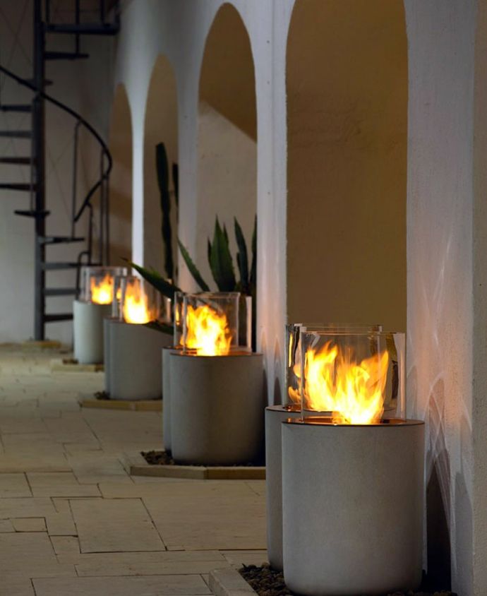Entrance outside area lighting fireplace vessel stairs round decoration made of concrete