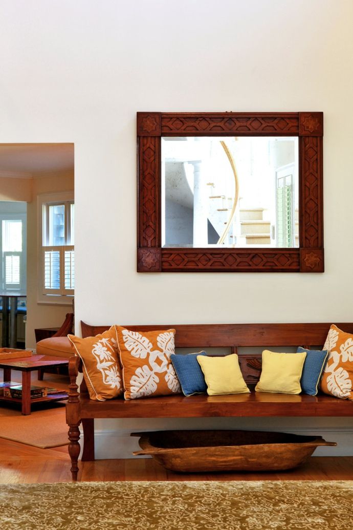 Hallway furniture, bench, wooden elements, wall mirror, decorative pillows, hallway furnishings
