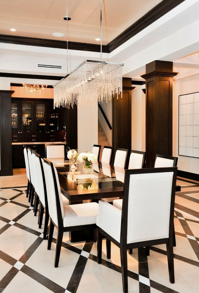 Glamorous dining room dining table white chairs wood elegant-crystal chandelier