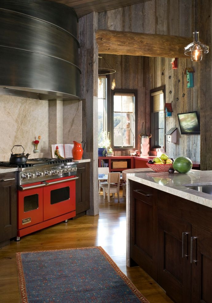 Wooden walls hanging lamp stove marble wood kilim bird feeder-rustic kitchen design