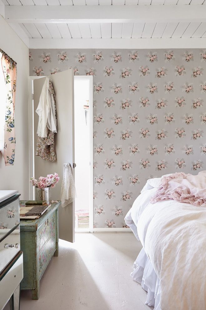 Ideen mit Tapeten Schlafzimmer Vintage-Look rosa Blumenmuster-Vintage-Tapeten Ideen