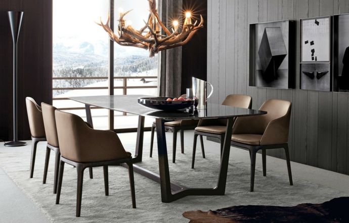 Italian dining chairs Chandelier made of driftwood Dining table high gloss finish dining tables