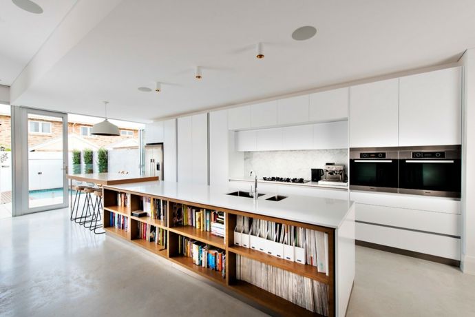 Küche Kochinsel Barhocker Aufbewahrung modern Weiß