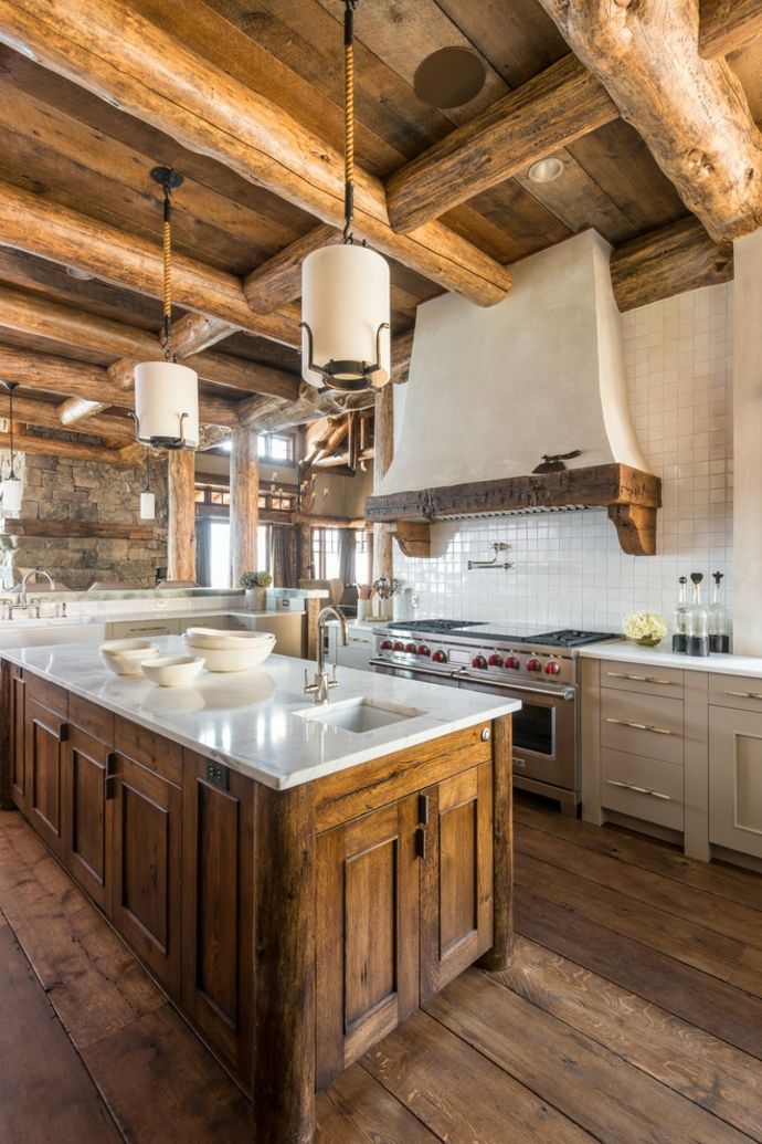 Küche Kücheninsel Saugapparat Massivholz Küchenspiegel Fliesen Hängeleuchte Marmor Holz Deckenbalken-Rustikal Interieur Design