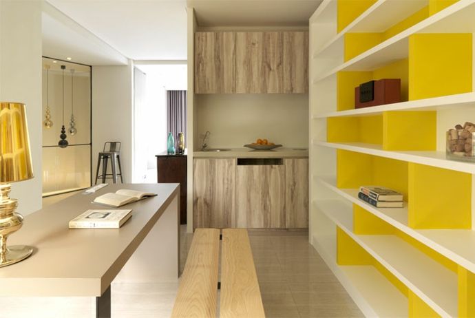 Modern Arbeitstisch Sitzbank Holz Tischleuchte Regal Bücher Einrichtung Gelb Weiß-Luxus Designer Möbel