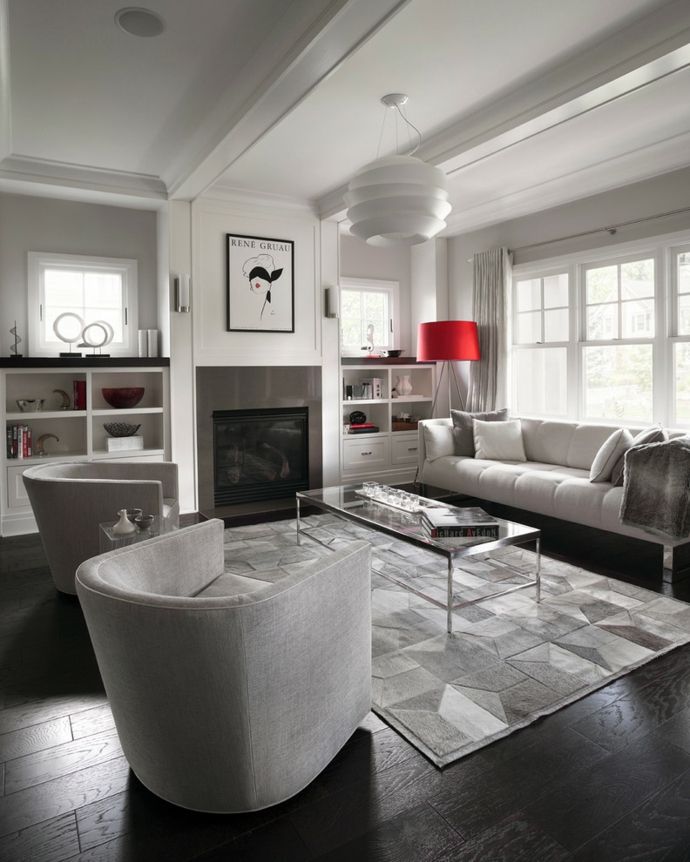 Modern living room in gray and red with built-in fireplace living room furnishing ideas