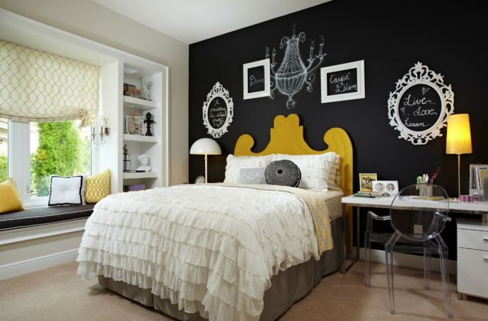 Bedroom youth room designer eclectic yellow black white chalkboard wall