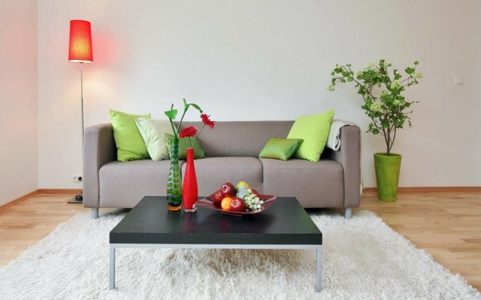 Sofa Deko Kissen Pflanze Tisch Stehlampe Beleuchtung Einrichtung modern Grün Rot Weiß-Feng Shui im Wohnzimmer