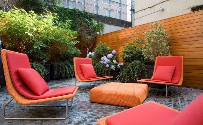 Terrace design, relaxation area, red orange plant pots, modern