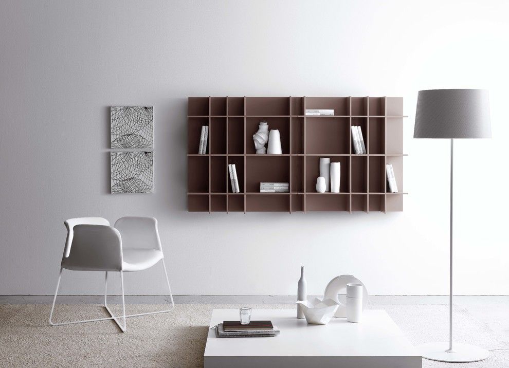 Wand Regal modern schlicht Stehlampe Designer Stuhl Weiß Grau-Bücherregal Design
