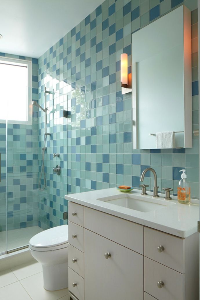 Vanity unit with drawers Speigel lamp Tiles blue green white bathroom furniture white