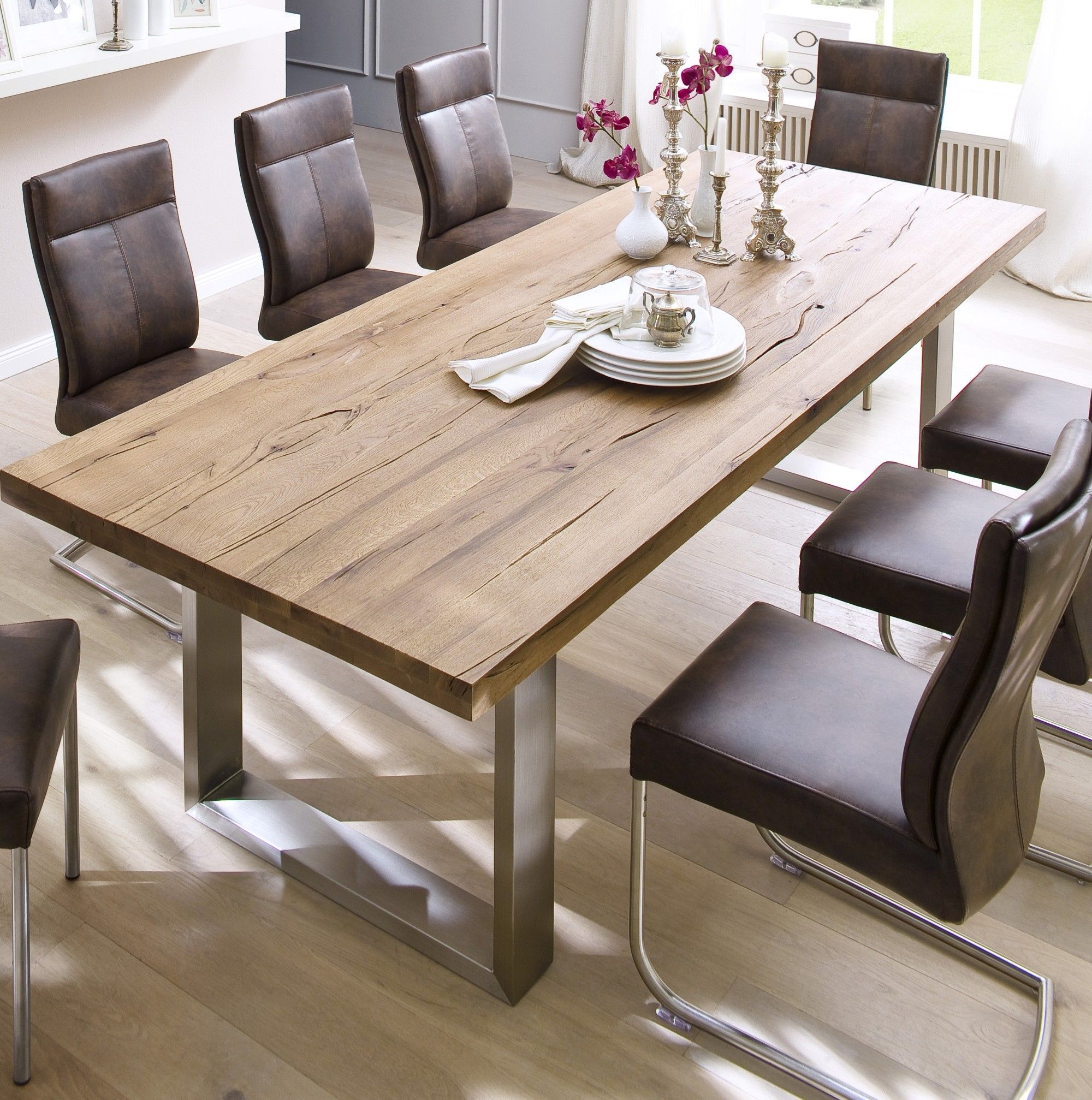 Wild oak table cantilever leather wooden table