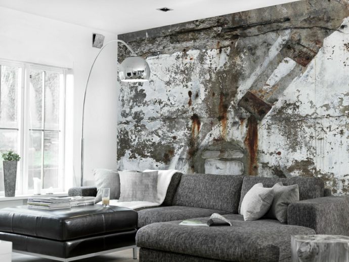 Living room corner sofa sofa decorative cushions leather living room table floor lamp metal silver concrete wallpaper in concrete look industrial style