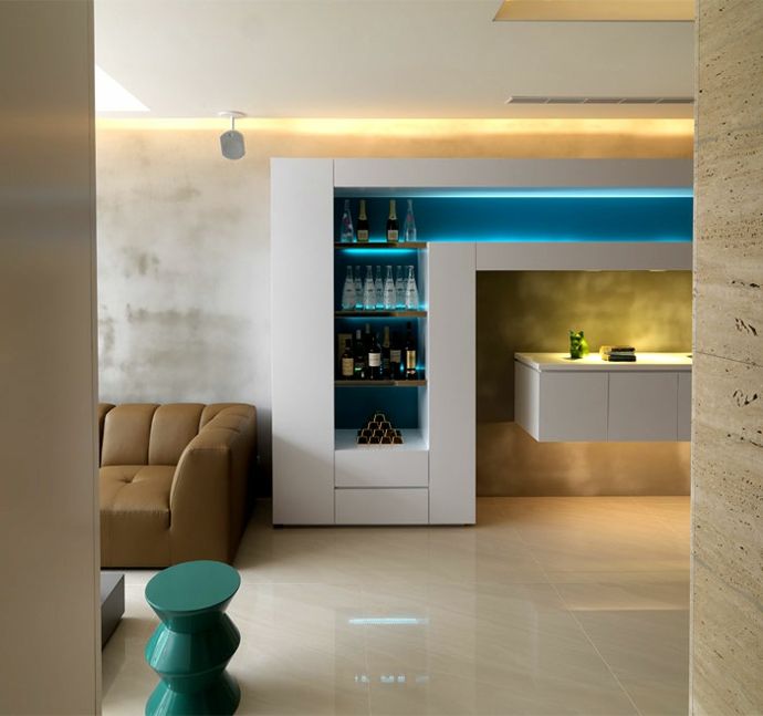 Wohnzimmer Regal modern Weiß Blau Gelb LED Beleuchtung-Luxus Designer Möbel