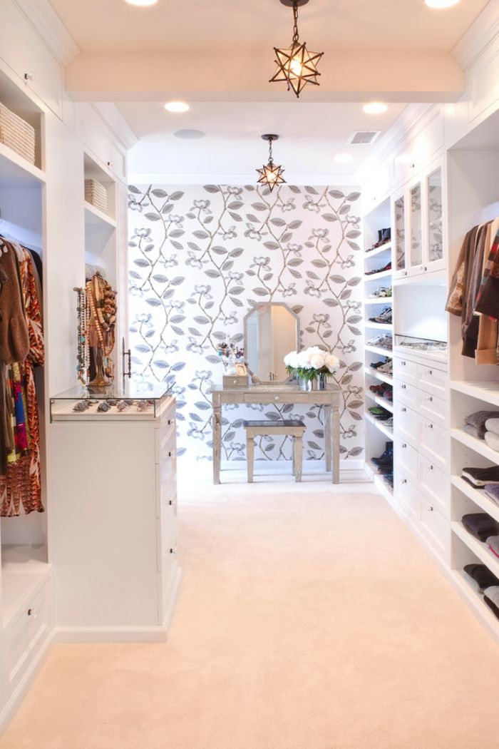 Storage of fashion accessories and dressing table-Open walk-in closet in white system luxury dressing room