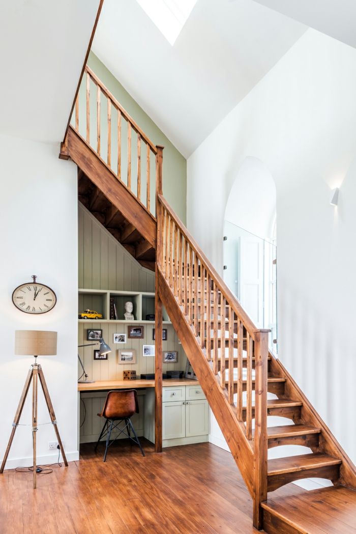 Authentic wooden stairs and desk underneath