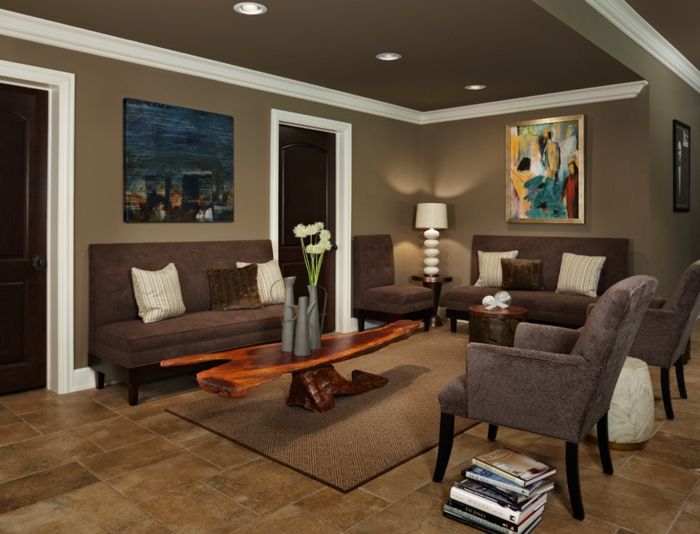 Brown sofa and coffee table made of wood-Trendy living room in brown
