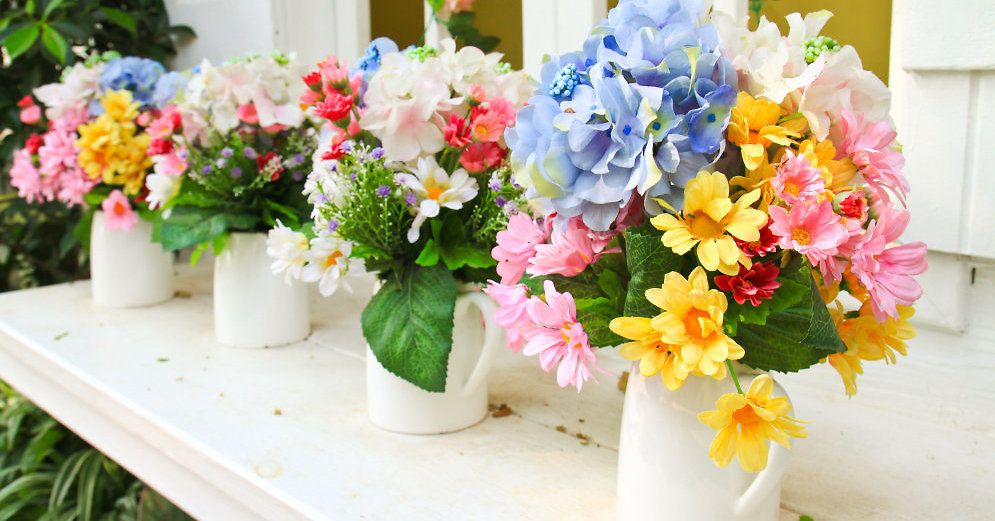 Colorful flowers in porcelain vases-decoration interior living room flowers