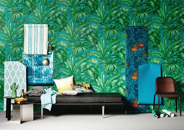 Designer Tapete mit Palmenmotiv in Grün und Blau-exotische tropische Tapete Palmen Wandbild Streifen Ethno-Muster Fliesenmuster