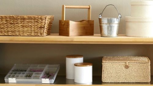 The right containers and storage baskets make the difference - wall shelves tidiness, organization system clearing out storage