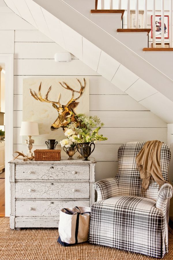 Furnishing in neutral colors-white checked fabric interior