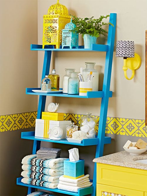 Colorful interior with ladder shelf storage tidiness bathroom bath accessories ladder shelf