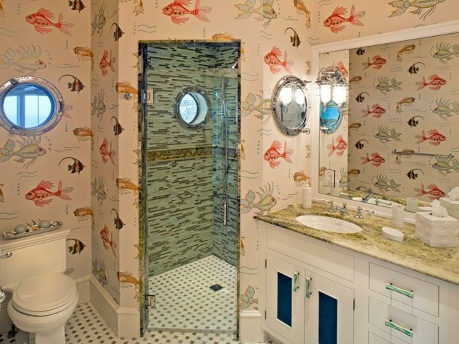 Colorful fish motifs for nautical design bathroom wallpaper