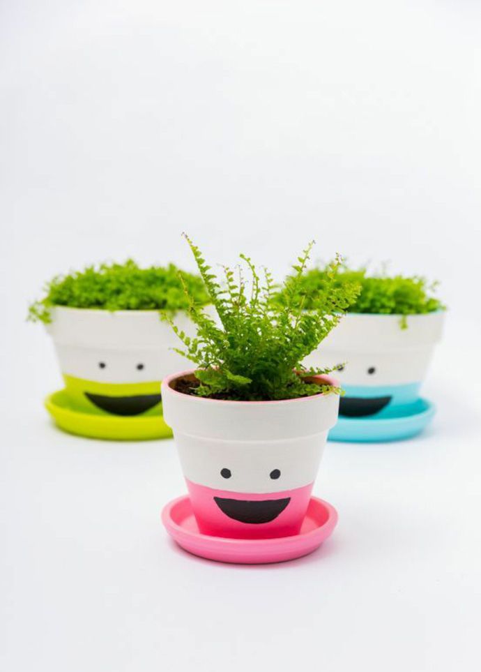 Happy faces and neon colors-Paint funny clay flower pots-Handicrafts with flower pots