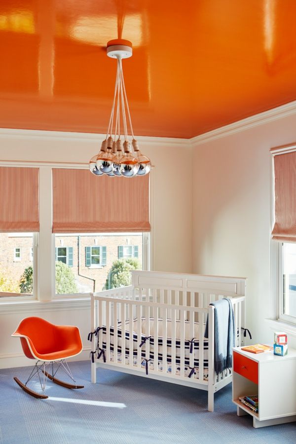 Cheerful and warm colors look best in the children's room wall paint, ceiling paint orange high gloss, colorful wall design, children's room