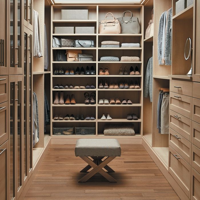Upscale wardrobe furnishings - wooden elements ensure comfort - open walk-in closet system luxury dressing room