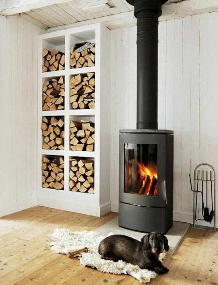 Cozy interior with wooden elements-practical wood storage Firewood shelf Firewood Firewood storage cut wood