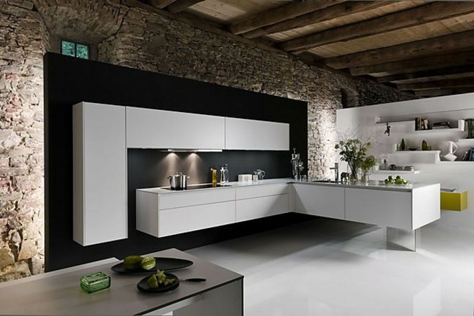 Coarse stone wall wood ceiling beams black and white modern kitchen in white