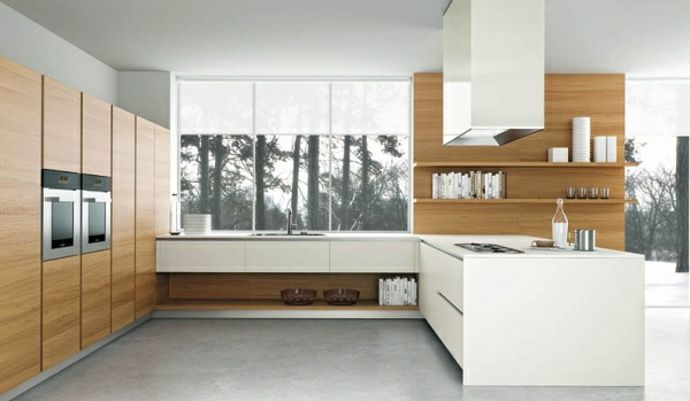 Wooden shelves cabinets modern white kitchen furniture design