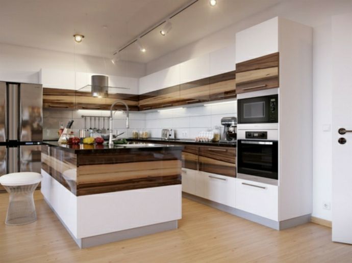 Wood white modern ceiling spotlights bar stools dark countertops kitchens with kitchen island