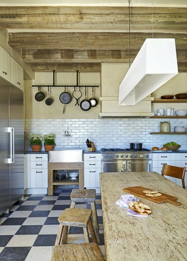 Wooden elements in the rustic country-style country kitchen. Wooden stools