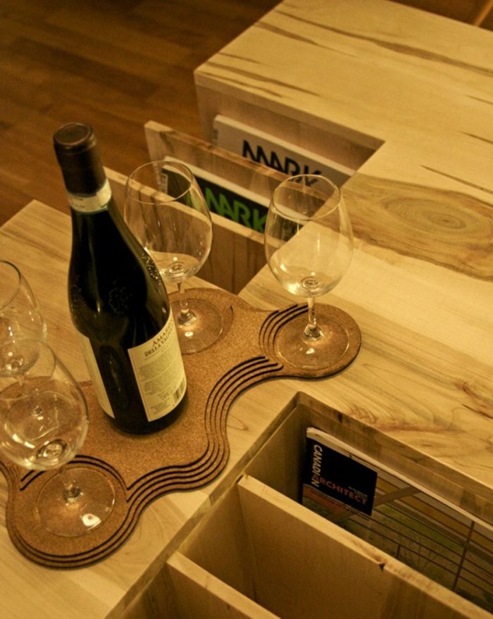 Coffee table wine glasses book shelf made of wood