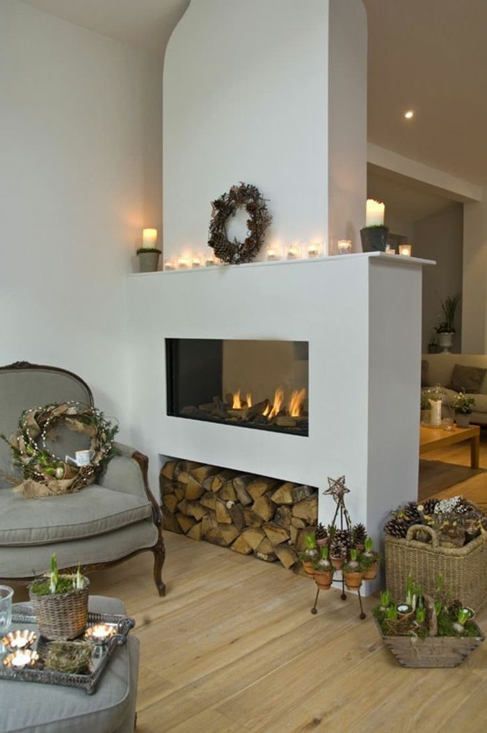 Fireplace in white with niche for wood storage-wood storage Firewood shelf Firewood Firewood storage double-sided glazed fireplace
