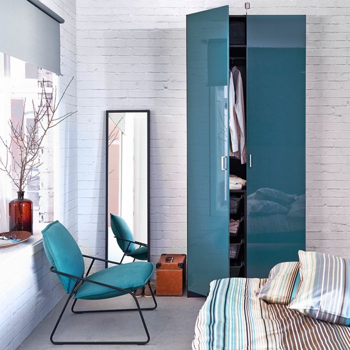 Small cloakroom with two doors in turquoise blue high-gloss high-quality wardrobes for the bedroom