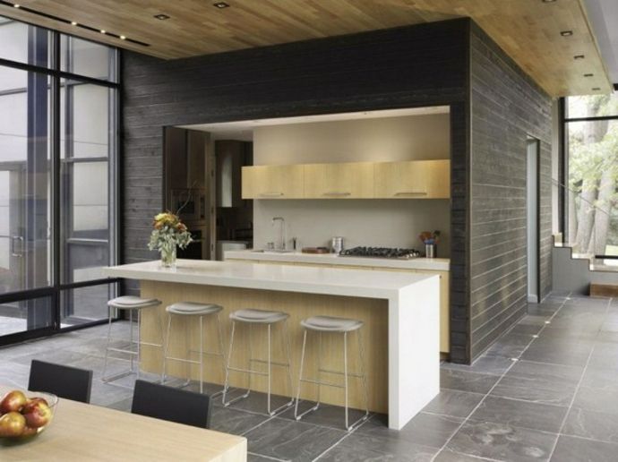 Kitchen island kitchen cabinets wood glass walls recessed spotlights tiled floor modern kitchen design