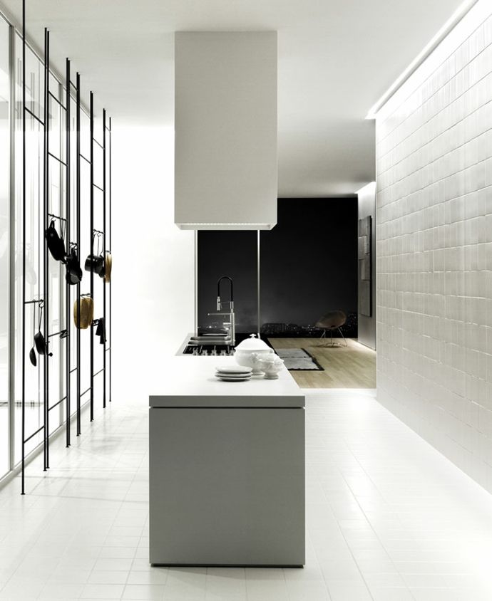Kitchen island and floor tiles in white-modern kitchen equipment