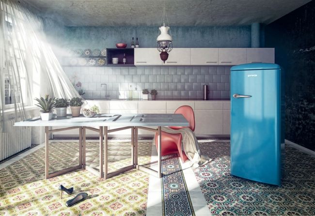 Kitchen with tiles on the floor, blue fridge in retro look furniture design