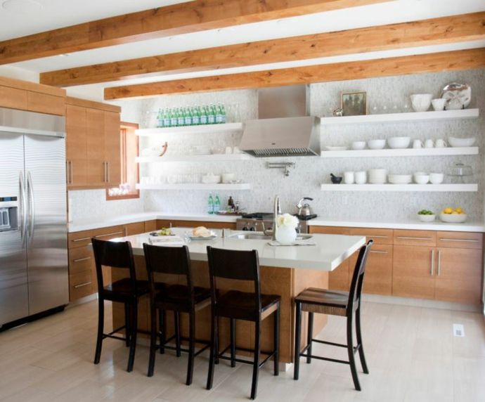 Kitchen island beamed wood white wall shelves-kitchen open shelves