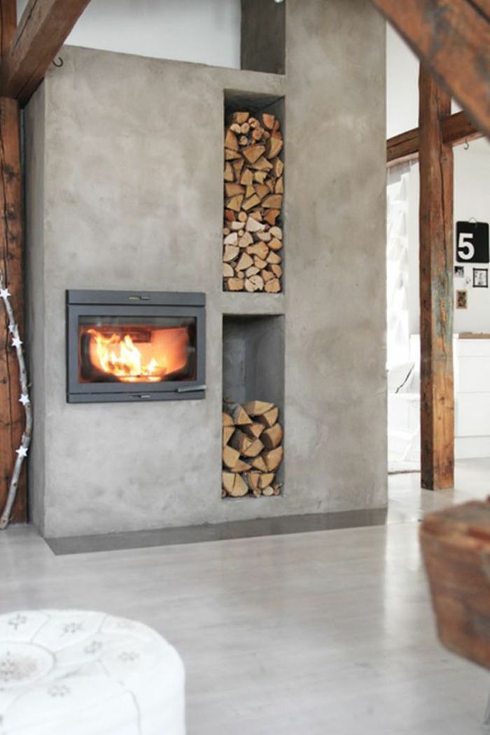 Custom-made fireplace in concrete wall wood storage firewood rack firewood firewood storage concrete wall ideas