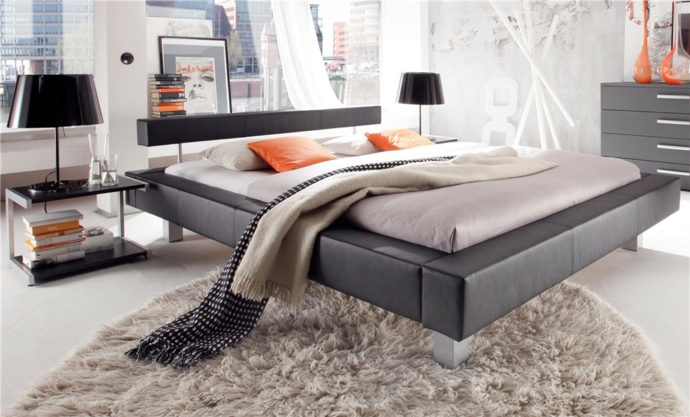 Modern leather bed metal dark brown decorative pillow table lamp dresser bedroom furniture